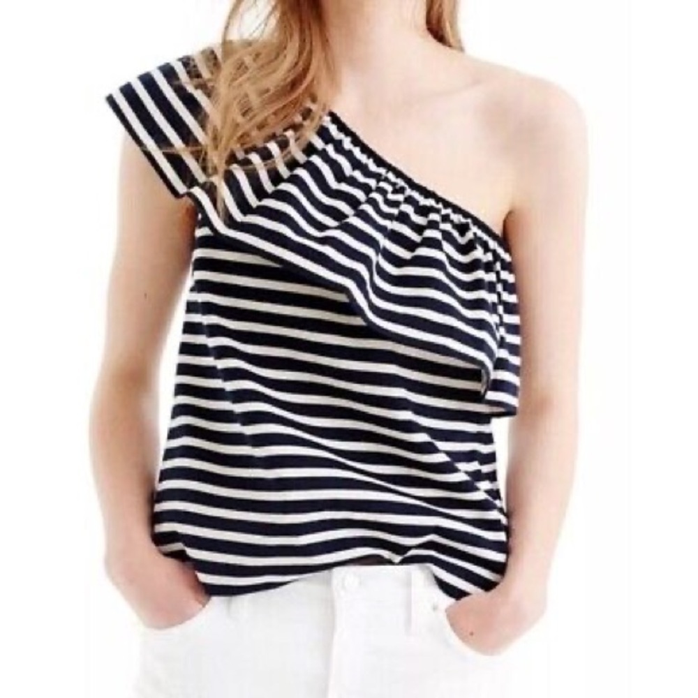J.Crew One Shoulder Ruffle Navy White Nautical Stripe Cotton Top Sz M